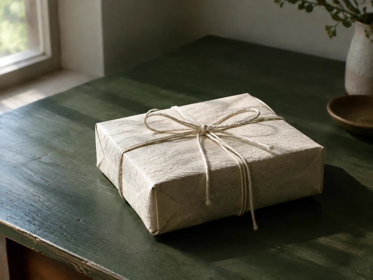 Koyu yeşil ahşap masada pamuk iple bağlanmış dokulu kâğıt paket